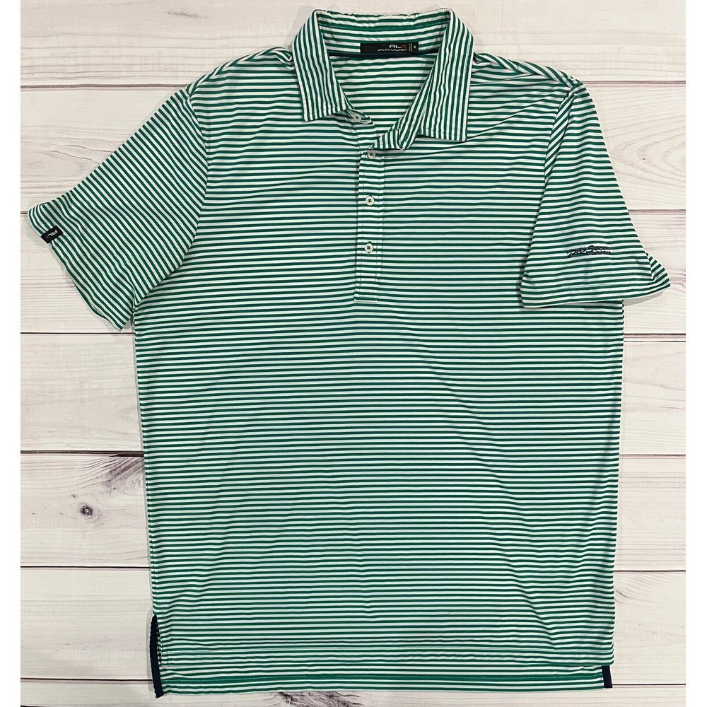 RLX Ralph Lauren Men's Polo Shirt Green and White Striped (XL) (92% Polyester)